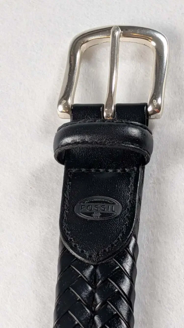 Fossil Mens Braided Leather Belt with Silver Buckle